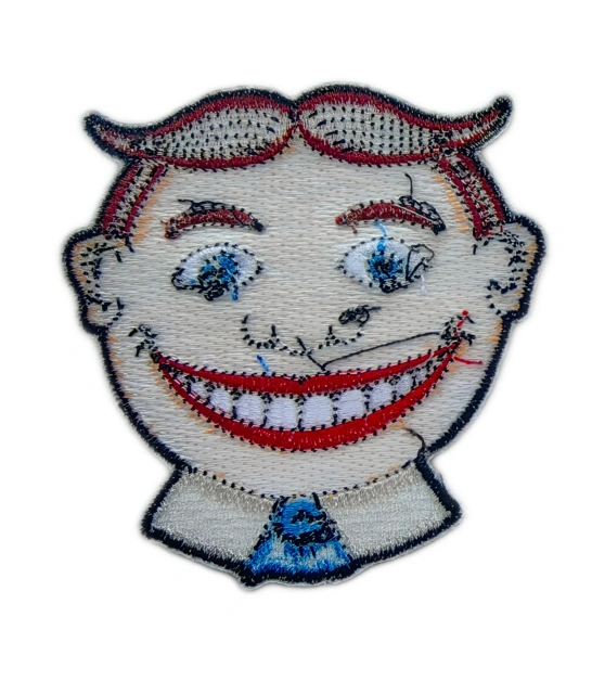 Funny Cartoon Face Embroidered Patch – Smiling Character with Blue Tie-Back Side