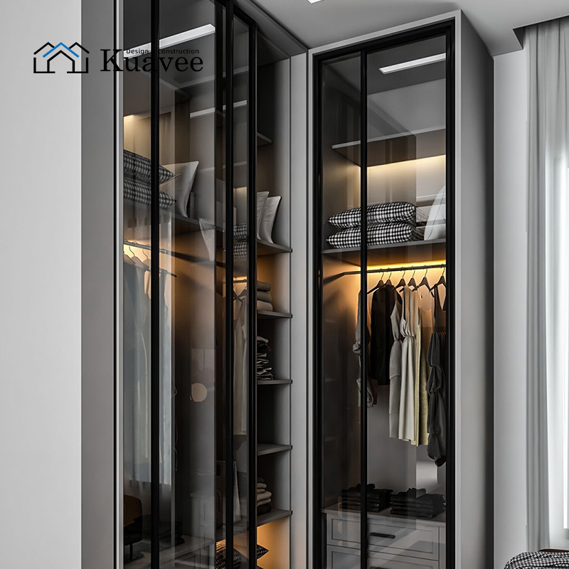 Embedded Glass Door Wooden  Corner Closet With Drawers