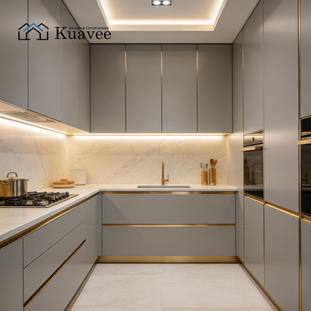 Kuwait Villa High-end Golden Edge Handle-free Kitchen Cabinet