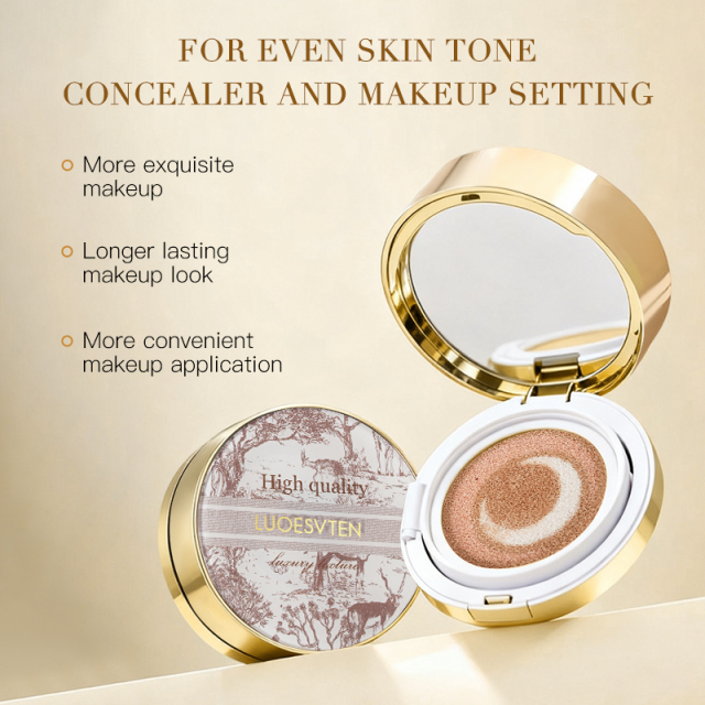 Satin Glow Finish Concealing Three Color Liquid Foundation and Pressed Powder Dual Effect Makeup Air Cushion