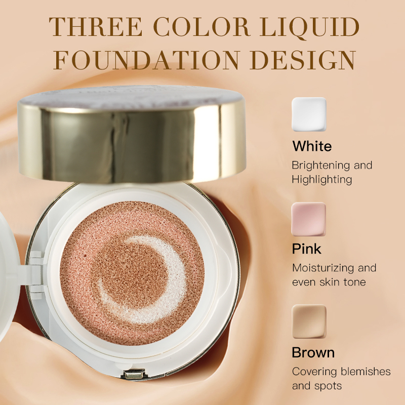 Satin Glow Finish Concealing Three Color Liquid Foundation and Pressed Powder Dual Effect Makeup Air Cushion