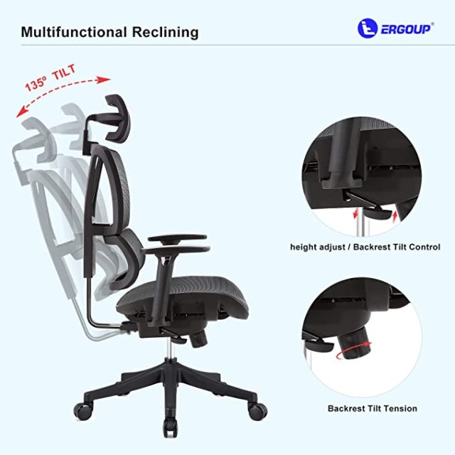 DIPPER 人体工学办公椅 - 带可调节扶手的滚动电脑椅，腰部支撑网布办公椅，家用摇椅式行政旋转椅