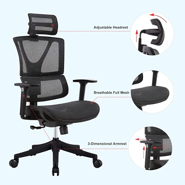 DIPPER 人体工学办公椅 - 带可调节扶手的滚动电脑椅，腰部支撑网布办公椅，家用摇椅式行政旋转椅