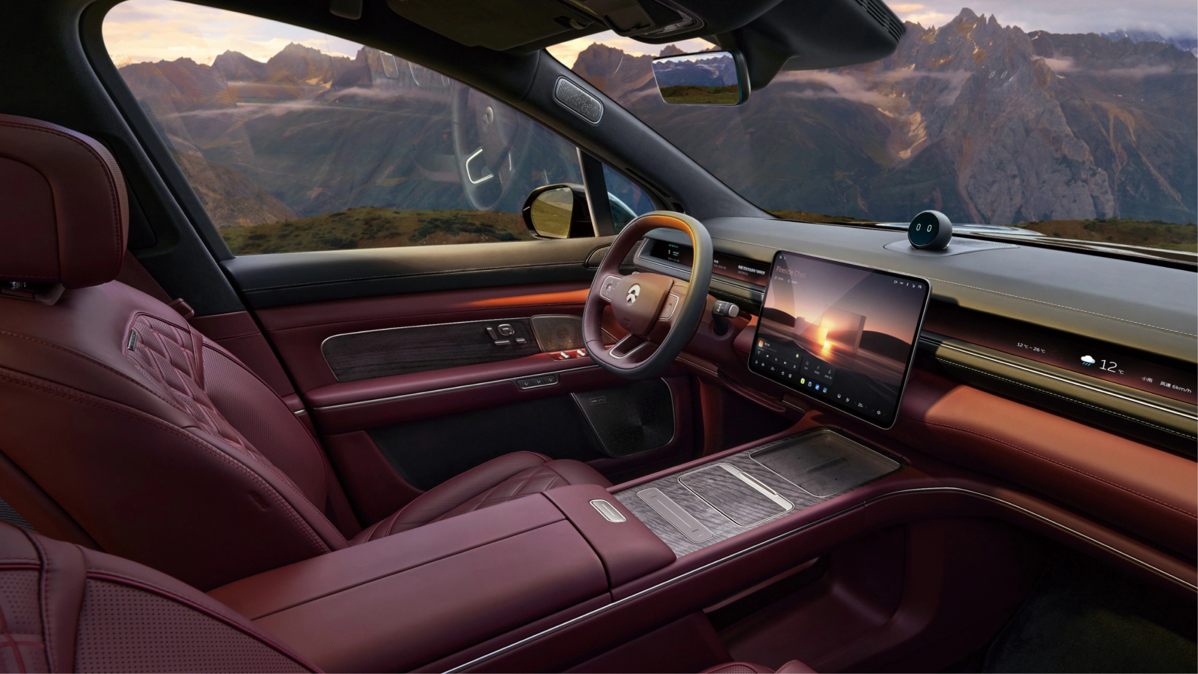 The advanced, minimalist cockpit of a modern Chinese luxury electric vehicle, equipped with a large touchscreen.