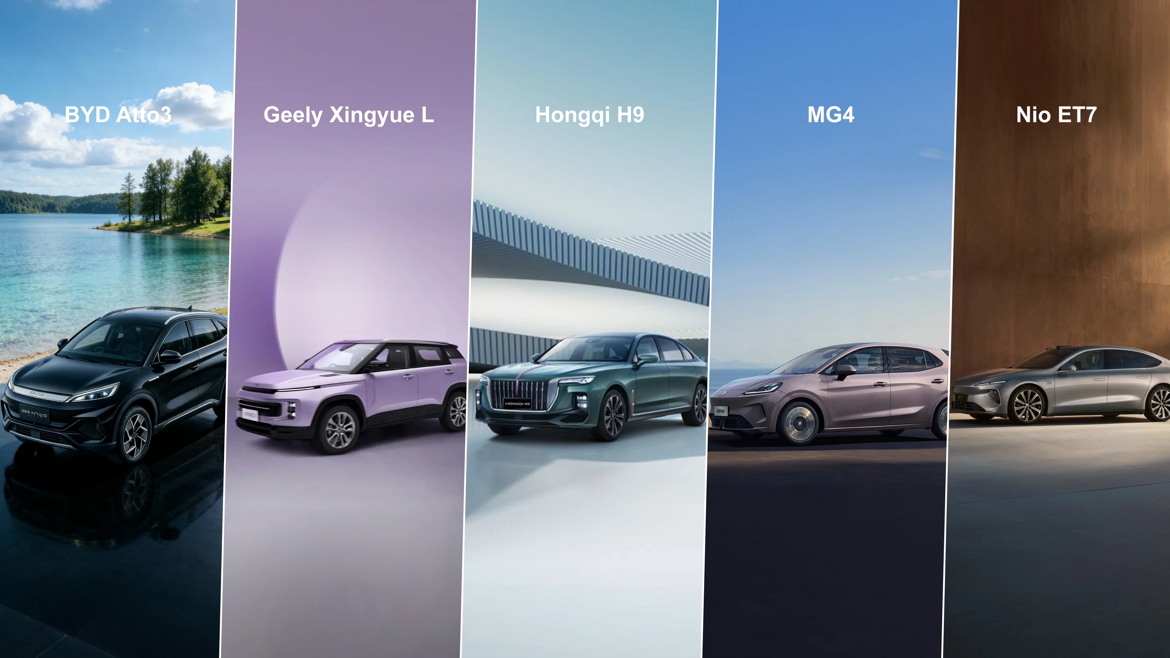 A visual comparison of five top Chinese car models: BYD Atto 3, NIO ET7, Geely Xingyue L, Hongqi H9, and MG4 Electric.