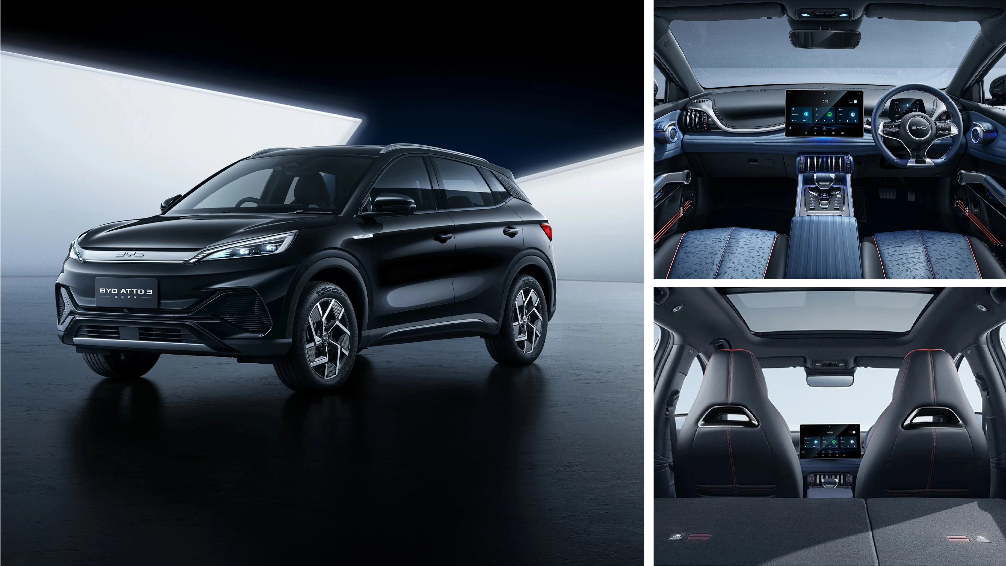Side view of the BYD Atto 3 electric SUV, the illustration highlighting its modern digital driver display and central touchscreen.