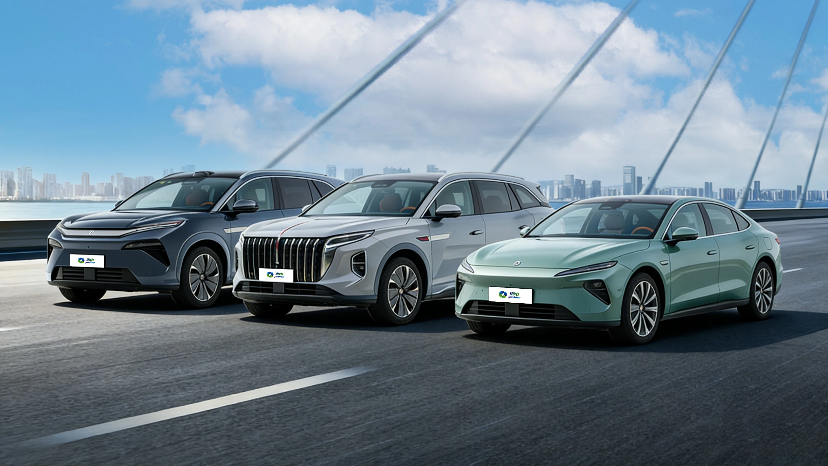A group of modern Chinese-made cars, including an electric SUV and a luxury sedan, are driving in a modern urban environment.