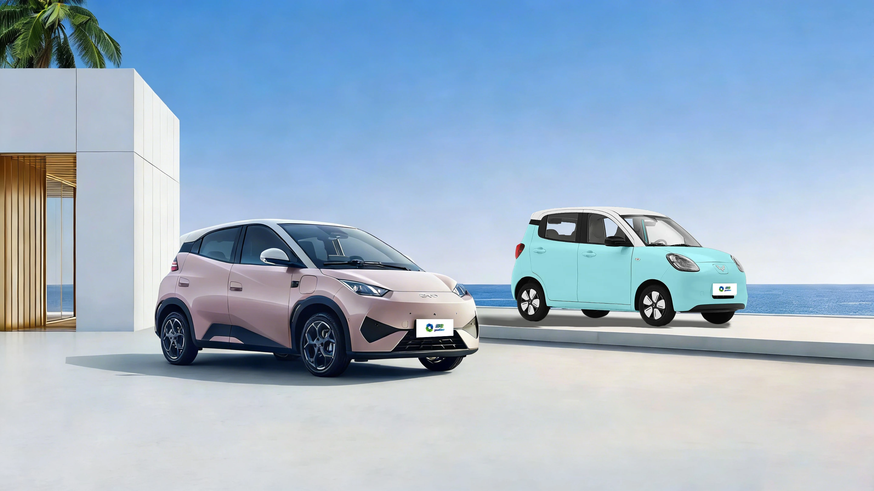 A row of modern compact Chinese electric vehicles, such as the BYD Seagull, are parked on city streets.