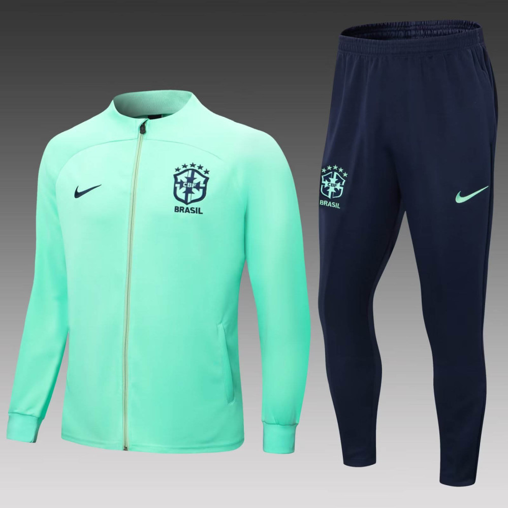 2022/2023 Brazil Long Zipped Jacket Green Soccer Jersey Set