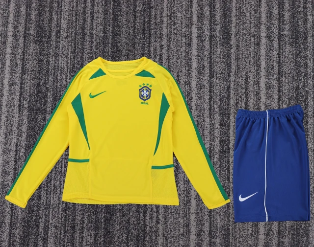 2002 Brazil Home Fan Edition Retro Long-Sleeve Jersey & Shorts Set (Kids)