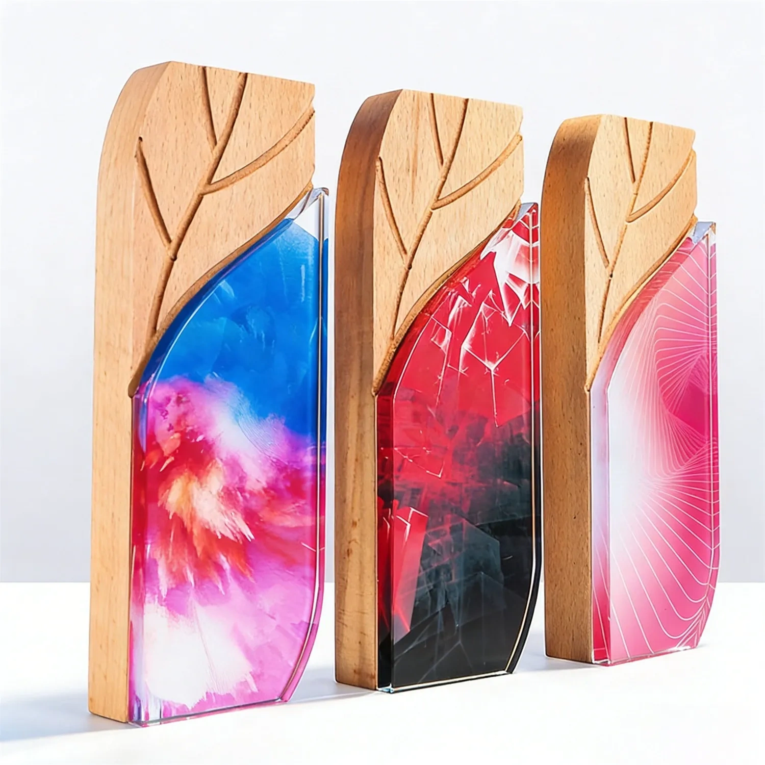 Unique Leaf Texture Wood and Colorful Crystal Plaque Small Order