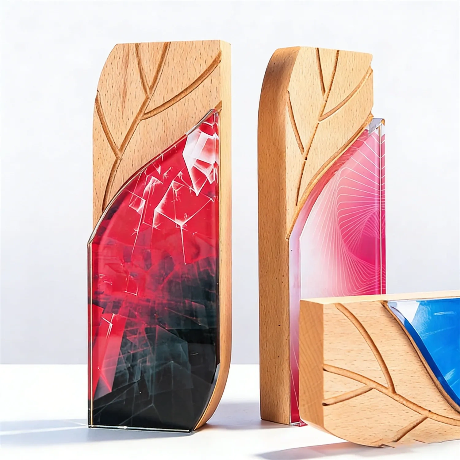 Premium Artistic Crystal Award with Leaf Carved Wood Base SmallOrder