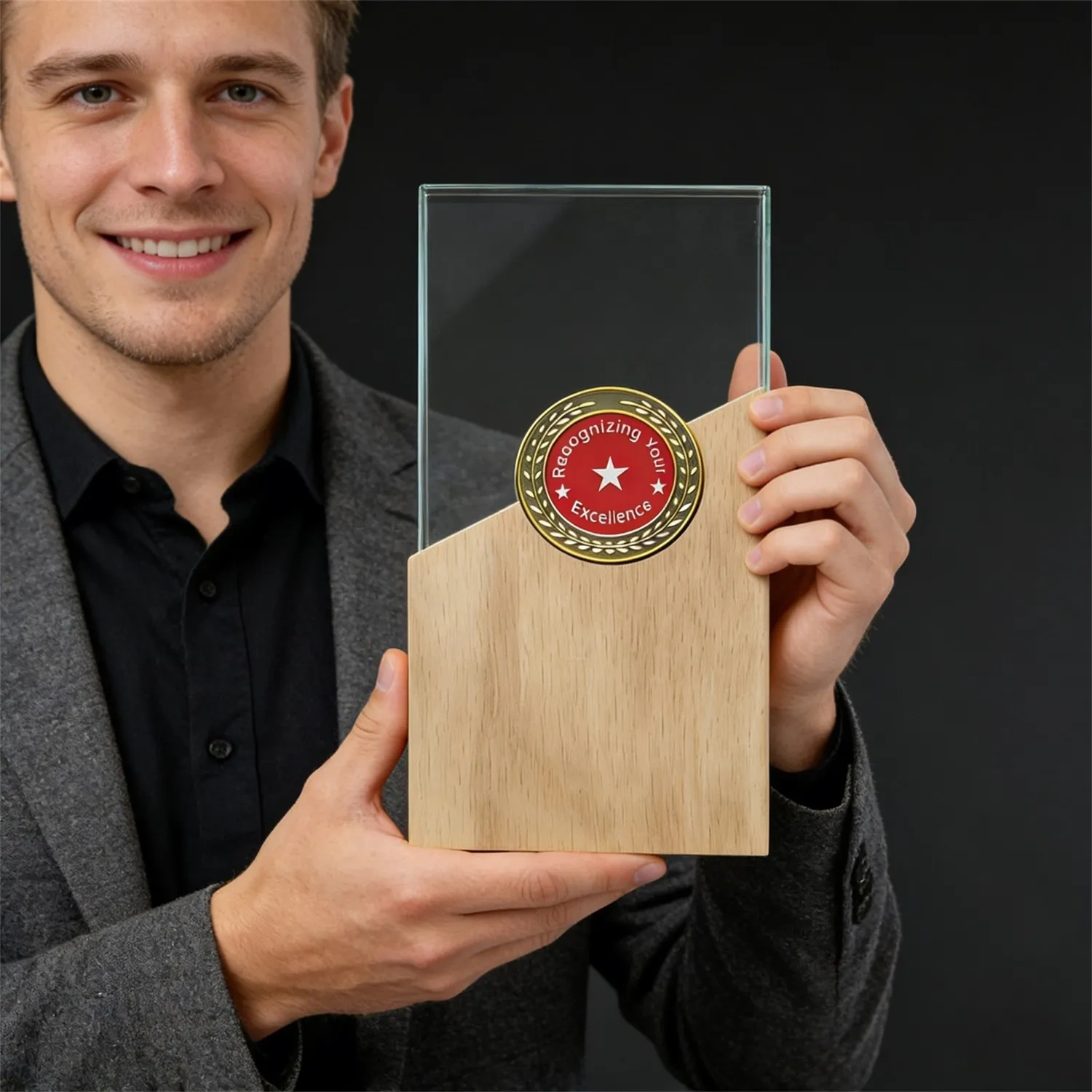 Bulk Personalized Employee Excellence Awards Crystal Wood Plaque SmallOrders