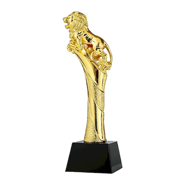 Gold electroplated resin lion trophy on a black pedestal base for election victory and leadership recognition.