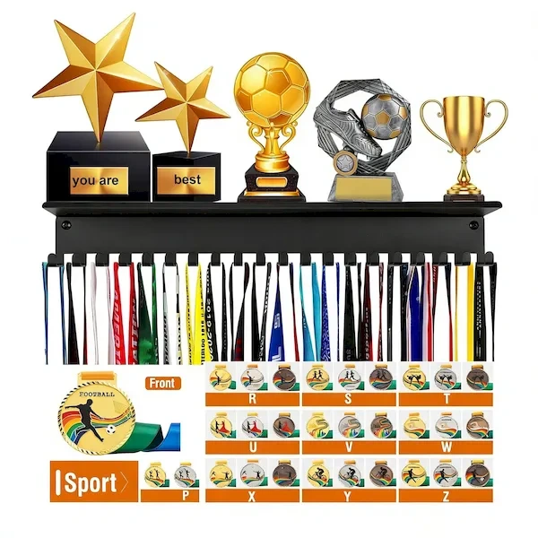 Assorted custom sports medals for football, soccer, and track with colorful 3D relief designs and matching neck ribbons.