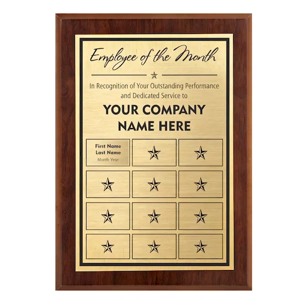 Custom 12-plate Employee of the Month perpetual plaque by SmallOrders