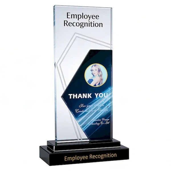 Custom 10-year service crystal award with blue design and black base by SmallOrders