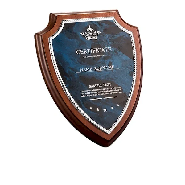 Custom shield shaped wood award plaque with blue marble finish by SmallOrders
