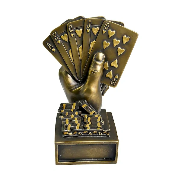 Custom bronze poker trophy hand holding royal flush for casino awards by SmallOrders