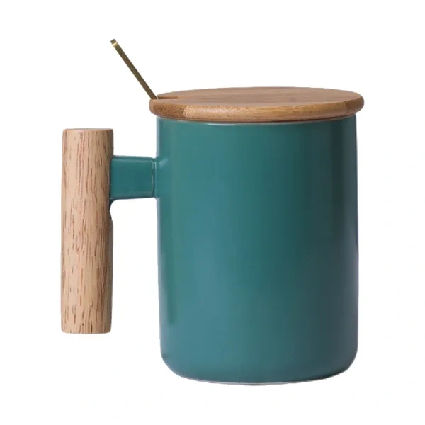 Teal Ceramic Mug with Wooden Handle and Lid for Luxury Gift Set Branding