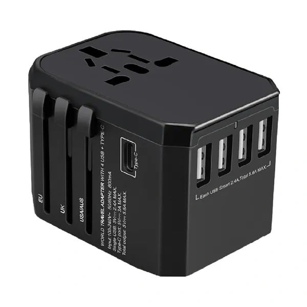 Black All-in-One Universal Travel Adapter with Type-C for Bulk International Gifts