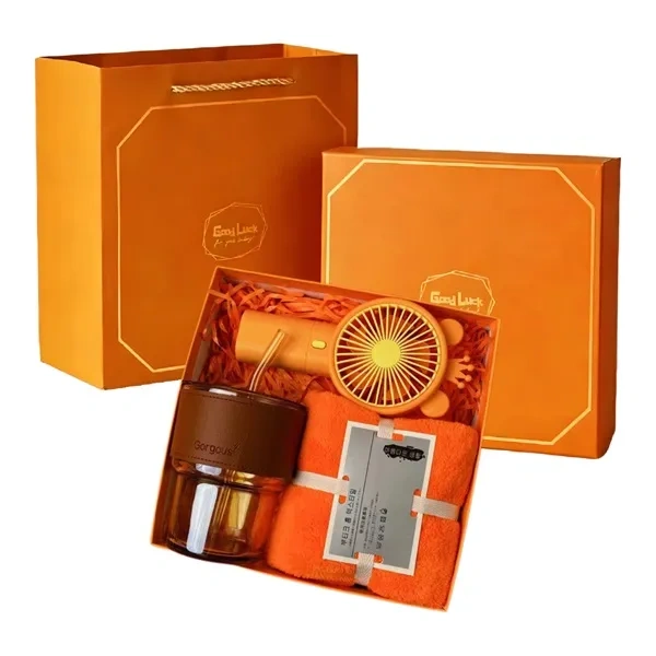 Orange Summer Gift Set with Reusable Glass Straw Cup and Portable Fan