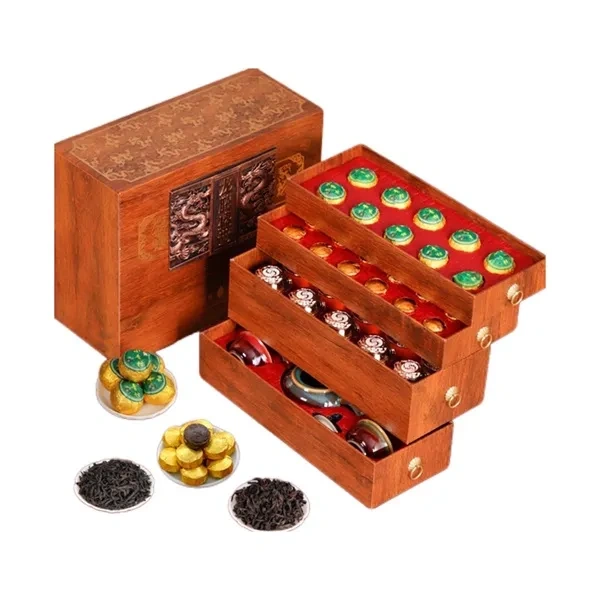 Carved Wood 4-Tier Dragon Motif Tea Chest for Luxury Chinese Tea Gifts