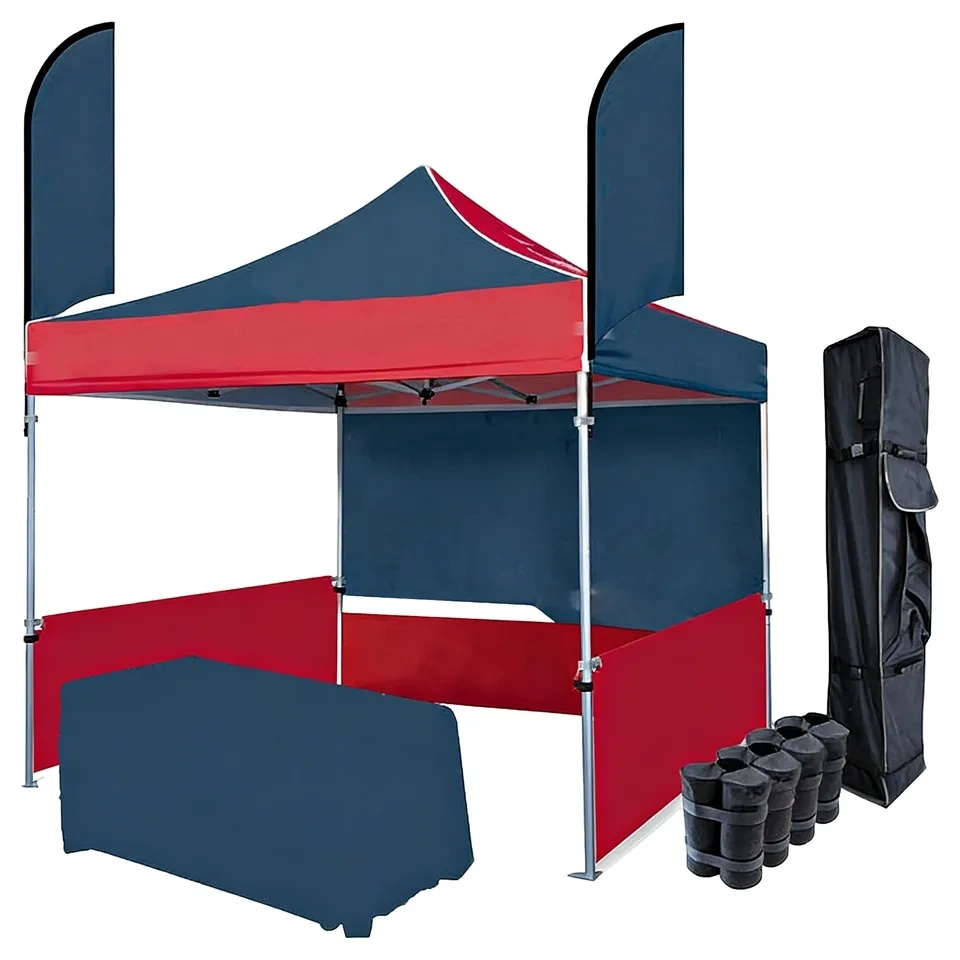 Red Modular Trade Show Display Kit with Custom Branded Canopy and Booth