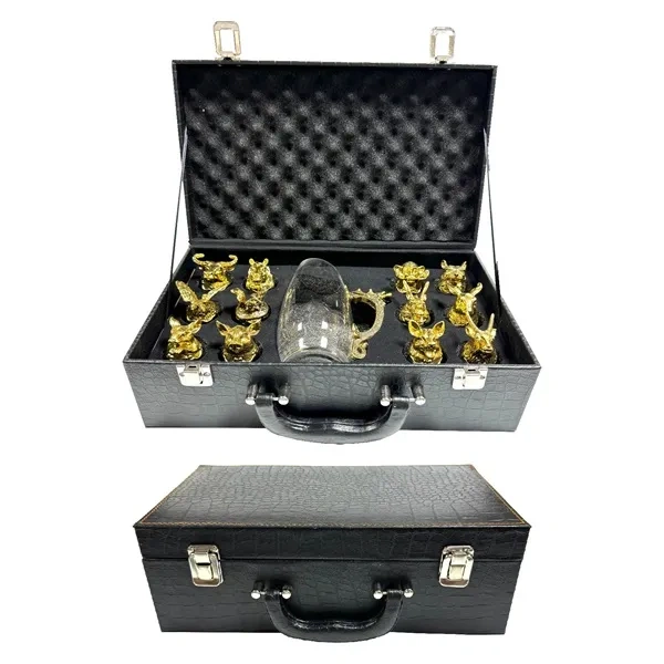 Gold Chinese Zodiac Crystal Whiskey Set with Dragon Handle Wine Splitter
