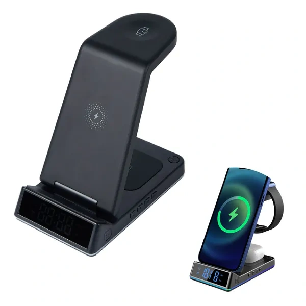 Black Foldable 4-in-1 Charging Station with LED Clock for Bedside Office Use