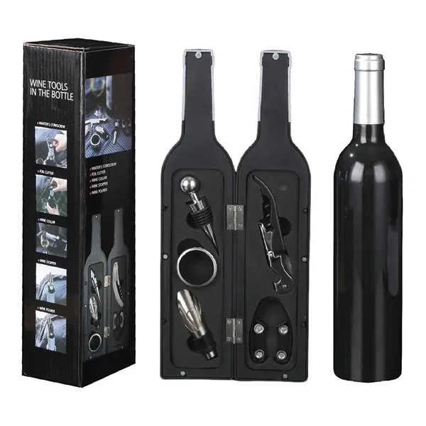 Black Bottle-Shaped Wine Tool Gift Set with Premium Aerator and Opener