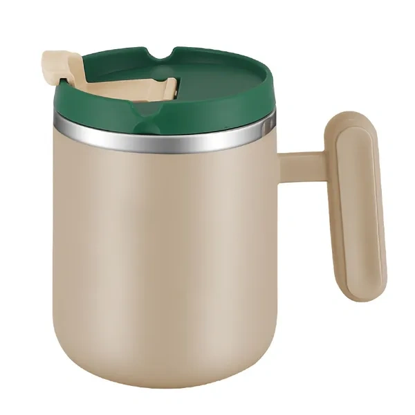 Tan Compact Lever Lid Office Mug with Handle for Desk Use Branding