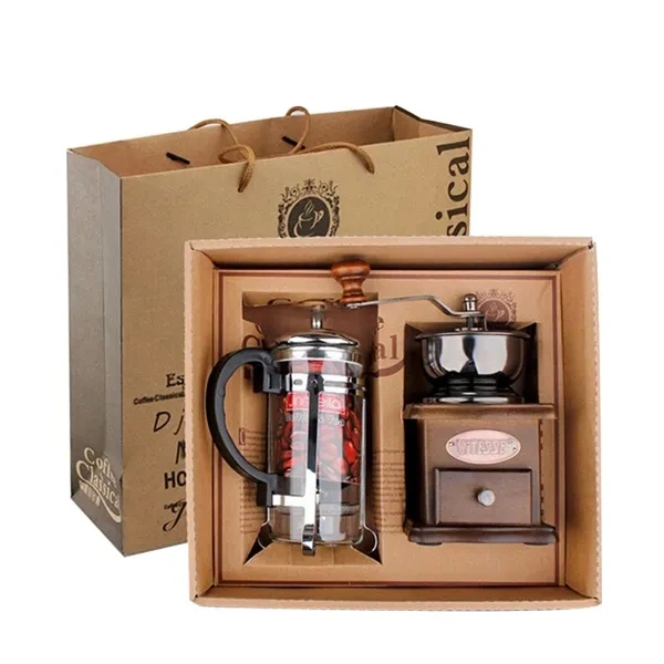 Vintage Wood Coffee Lover Gift Set with Manual Grinder and French Press