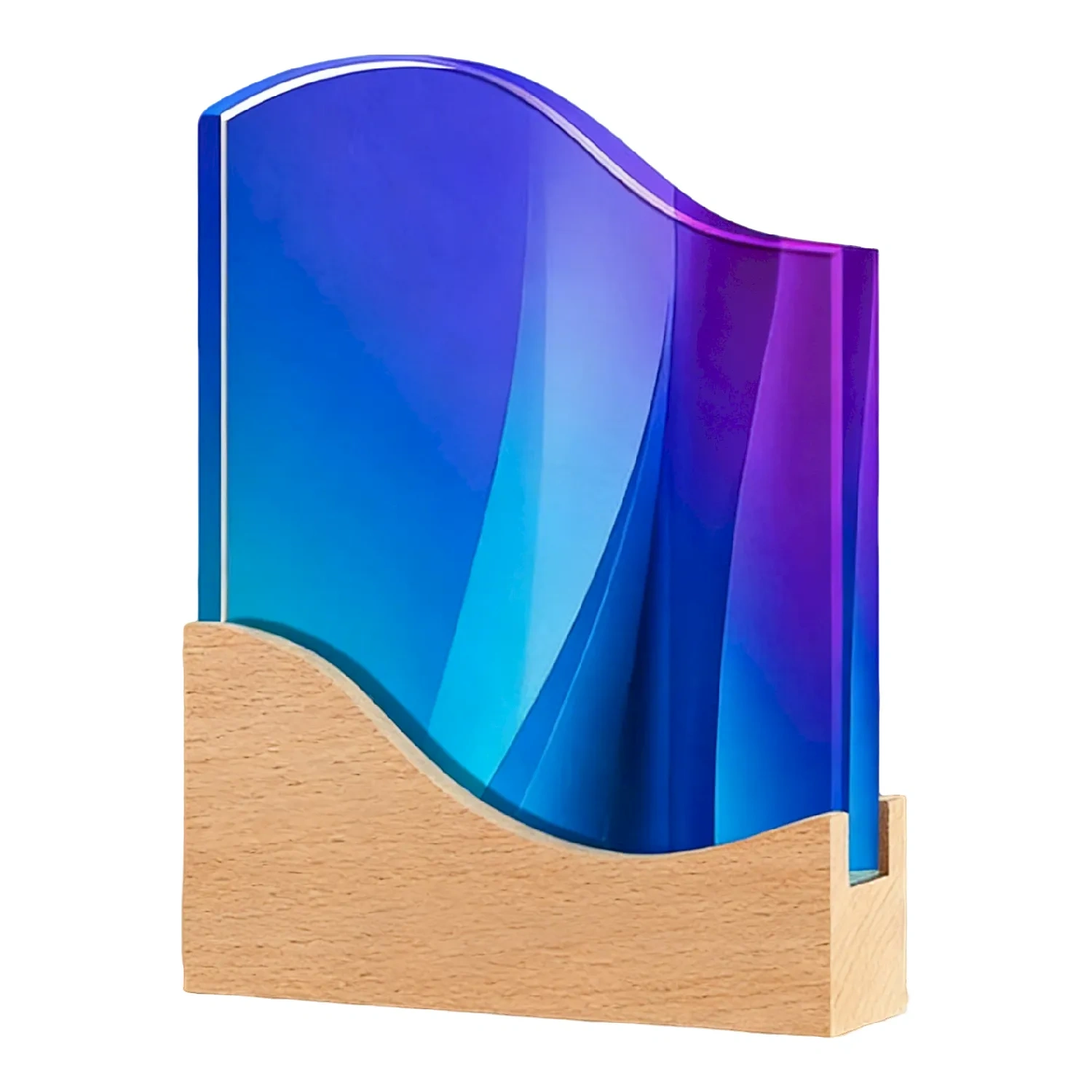 Modern ocean wave crystal trophy on natural beechwood stand for corporate gifts SmallOrder