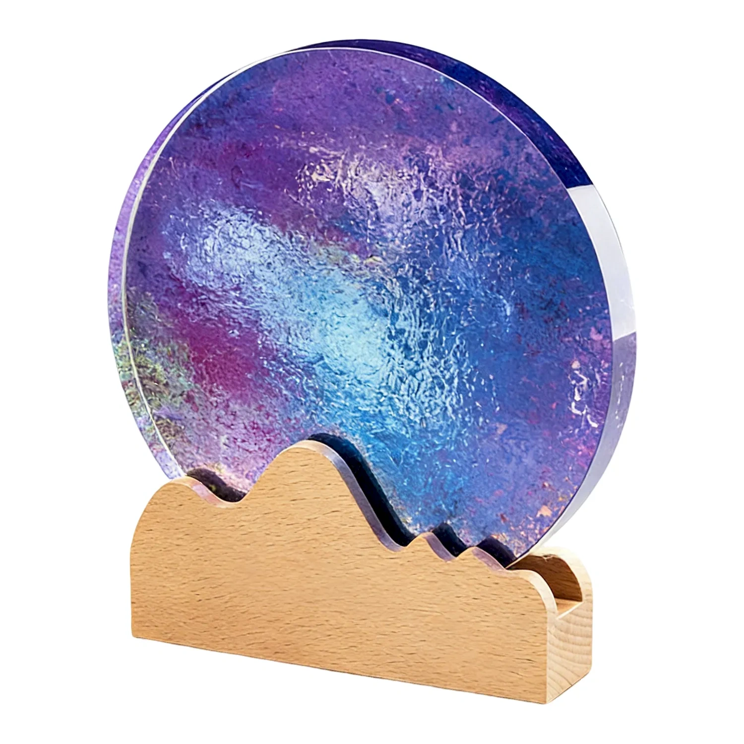 Custom round acrylic award with galaxy print and mountain wood base by SmallOrders
