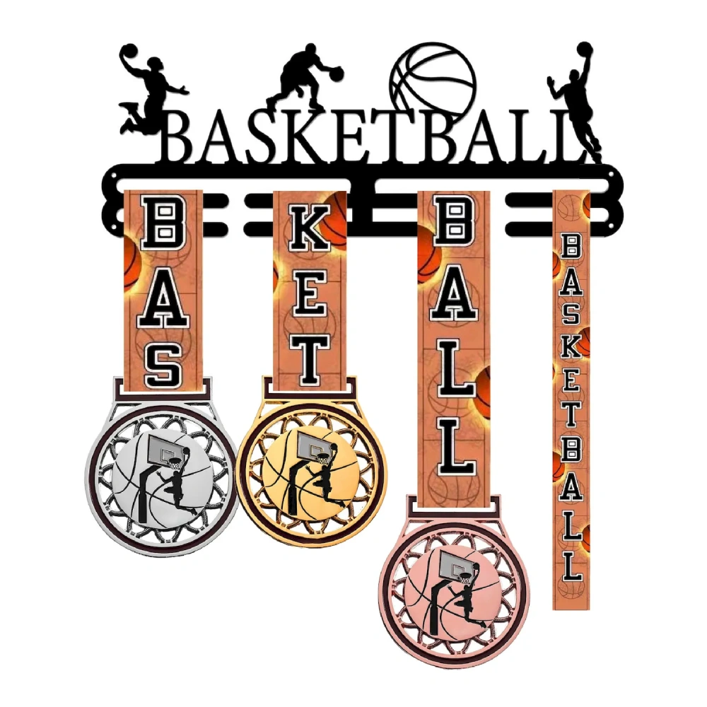 Gold, silver, and bronze basketball medals with custom basketball-themed neck ribbons for tournaments.