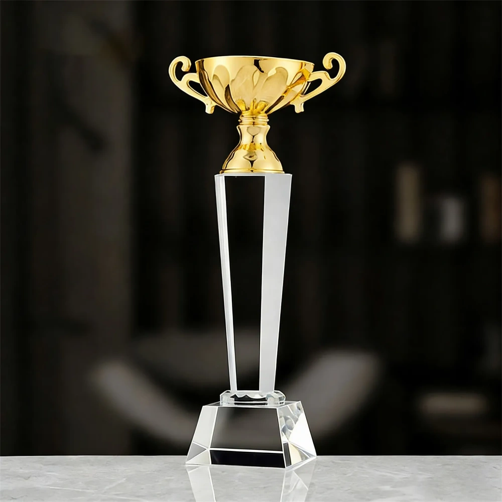 Elite Crystal Pillar Gold Cup Trophy - Engraved