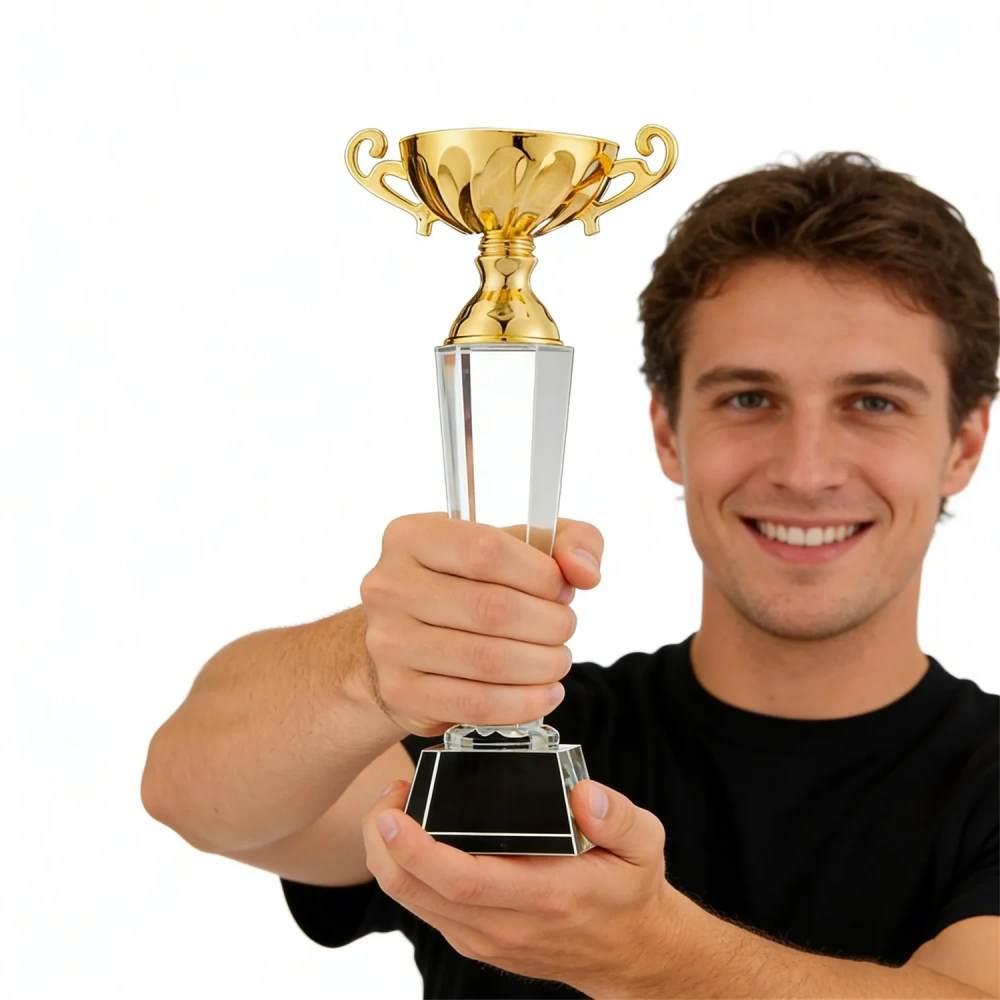 Elite Crystal Pillar Gold Cup Trophy - Engraved