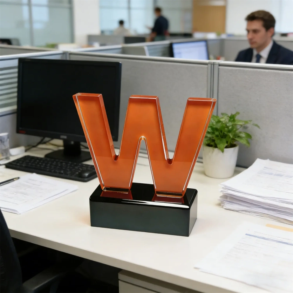 Amber Letter W Optical Crystal Award - Custom Logo