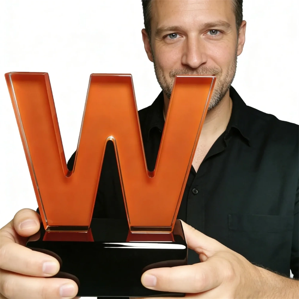 Amber Letter W Optical Crystal Award - Custom Logo