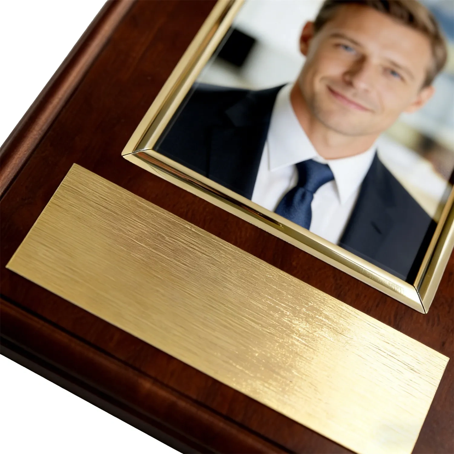 Bespoke walnut finish award plaque with personalized metal engraving from SmallOrder