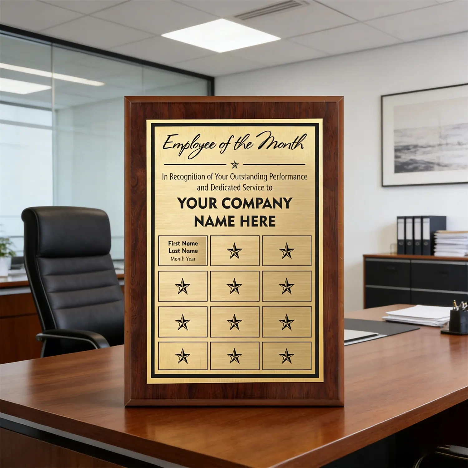 Customizable 12-slot gold and wood award plaque for corporate branding Small Order