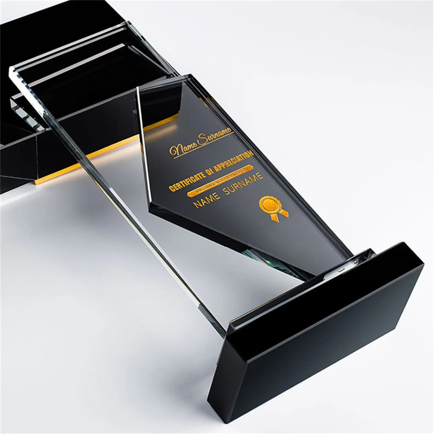 Customizable glass plaque for years of service awards with black pedestal Small Order
