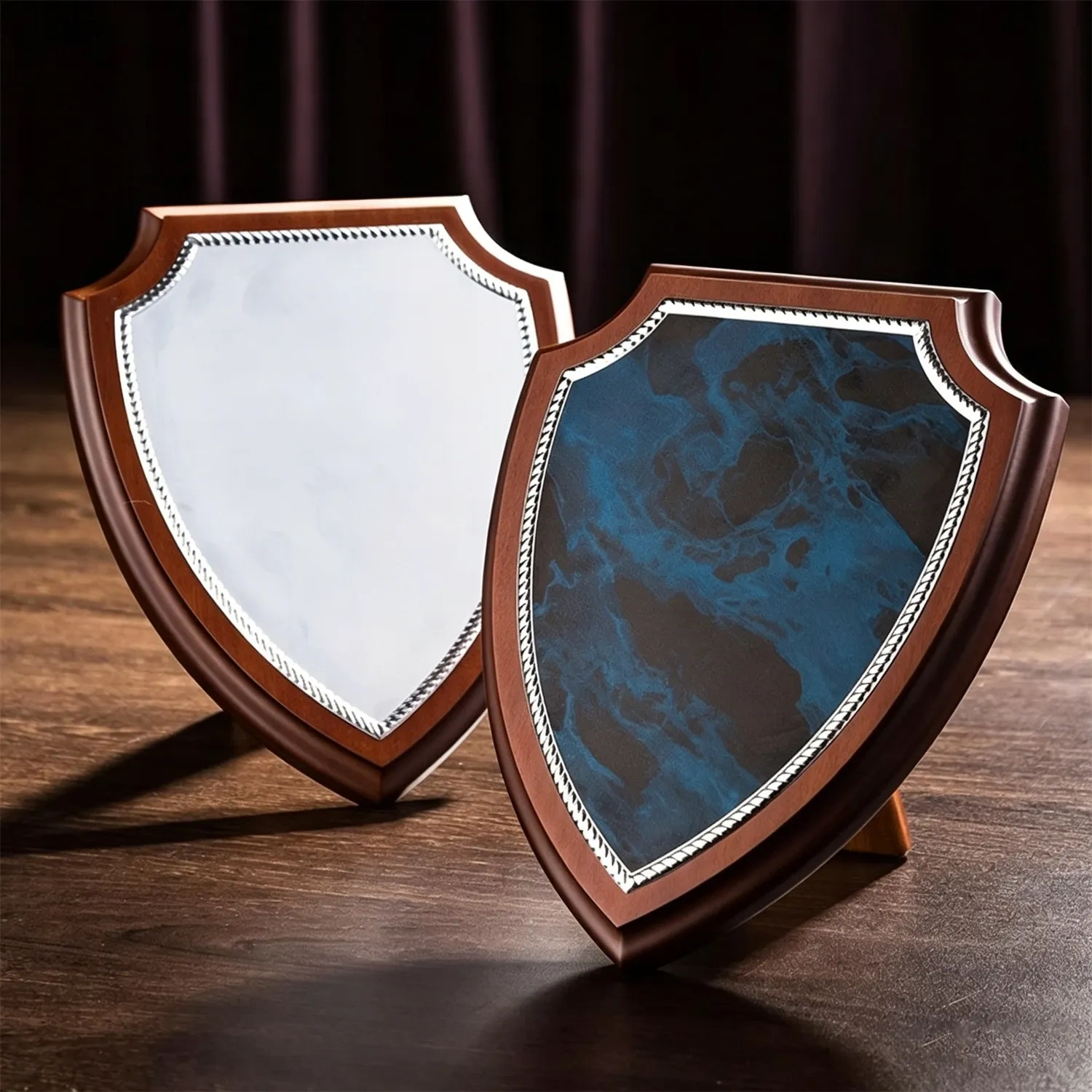 Bespoke cherry wood shield trophy with marbled Aluminum Sheet inlay from Small Orders