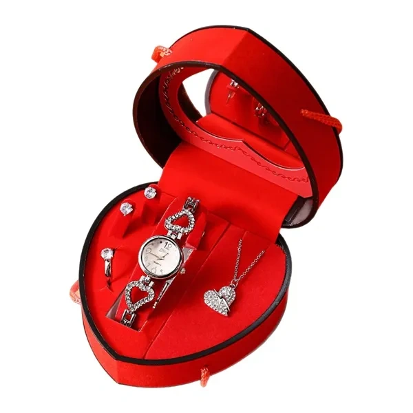 Luxury heart-shaped jewelry gift set including crystal watch, necklace, earrings, and ring in a red velvet heart box for promotional gifts