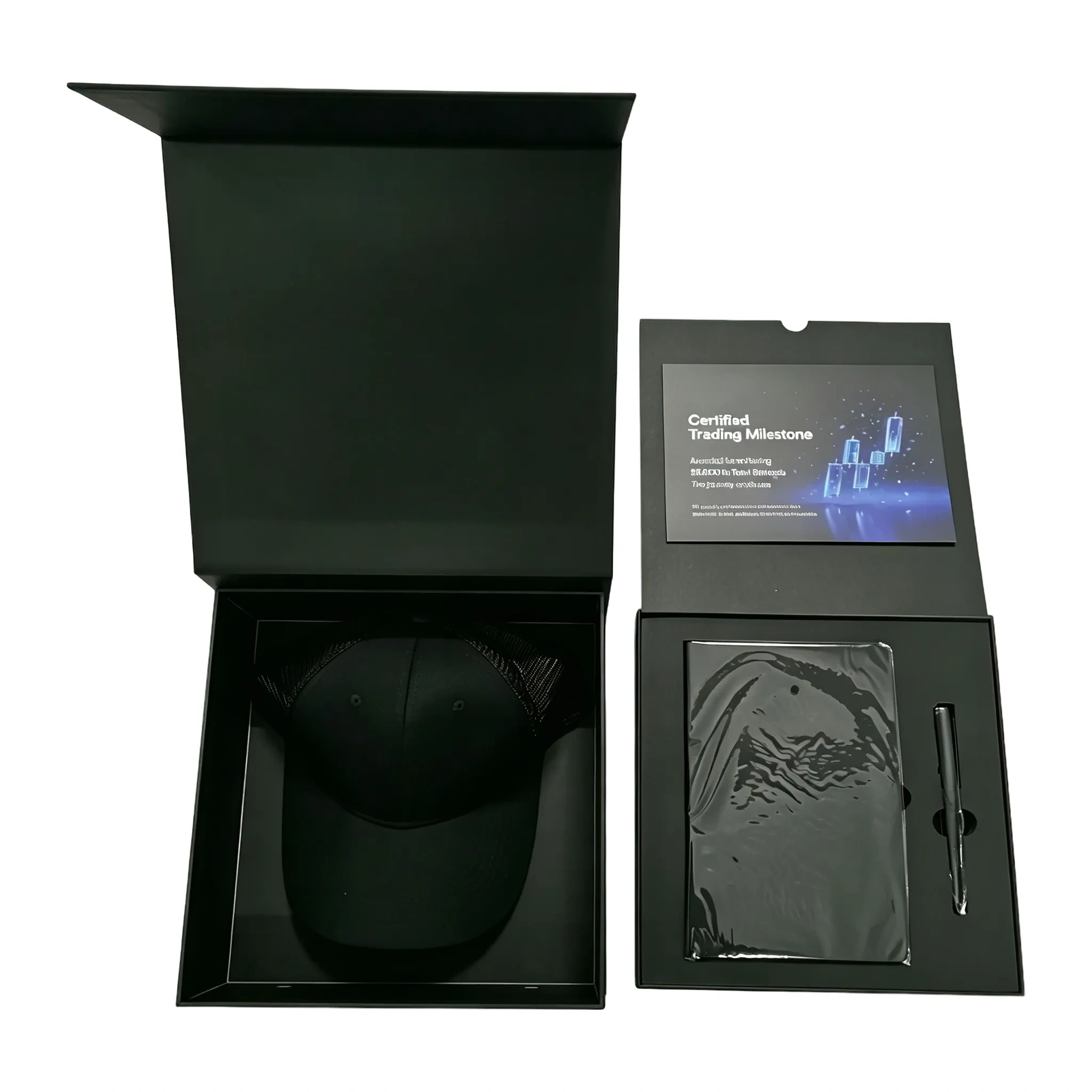 Executive milestone gift set with trucker cap, notebook & pen. Wholesale personalized trading award kit with custom logo card.