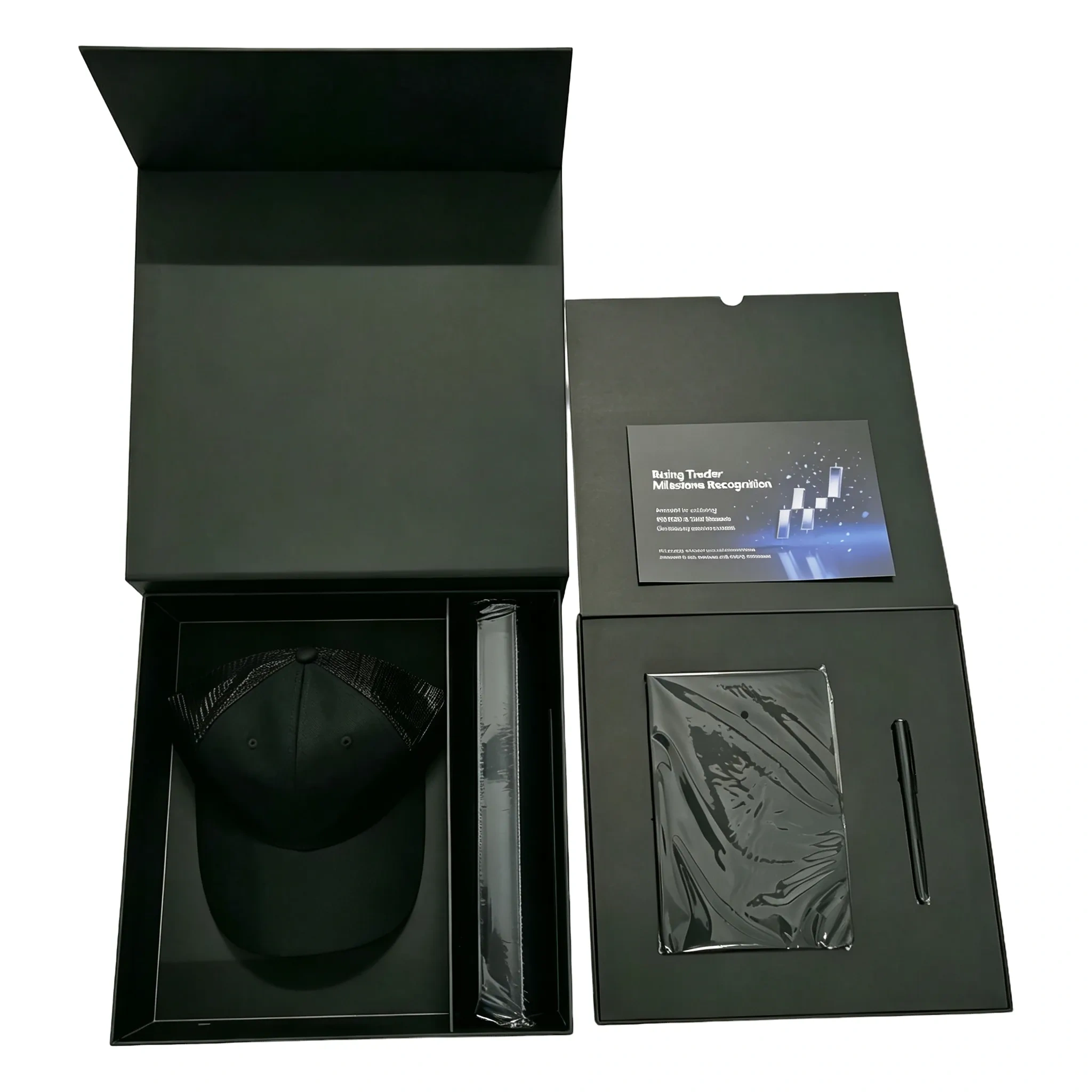 Rising trader recognition set with hat, notebook & pen. Bulk personalized corporate milestone gift box with custom logo branding.