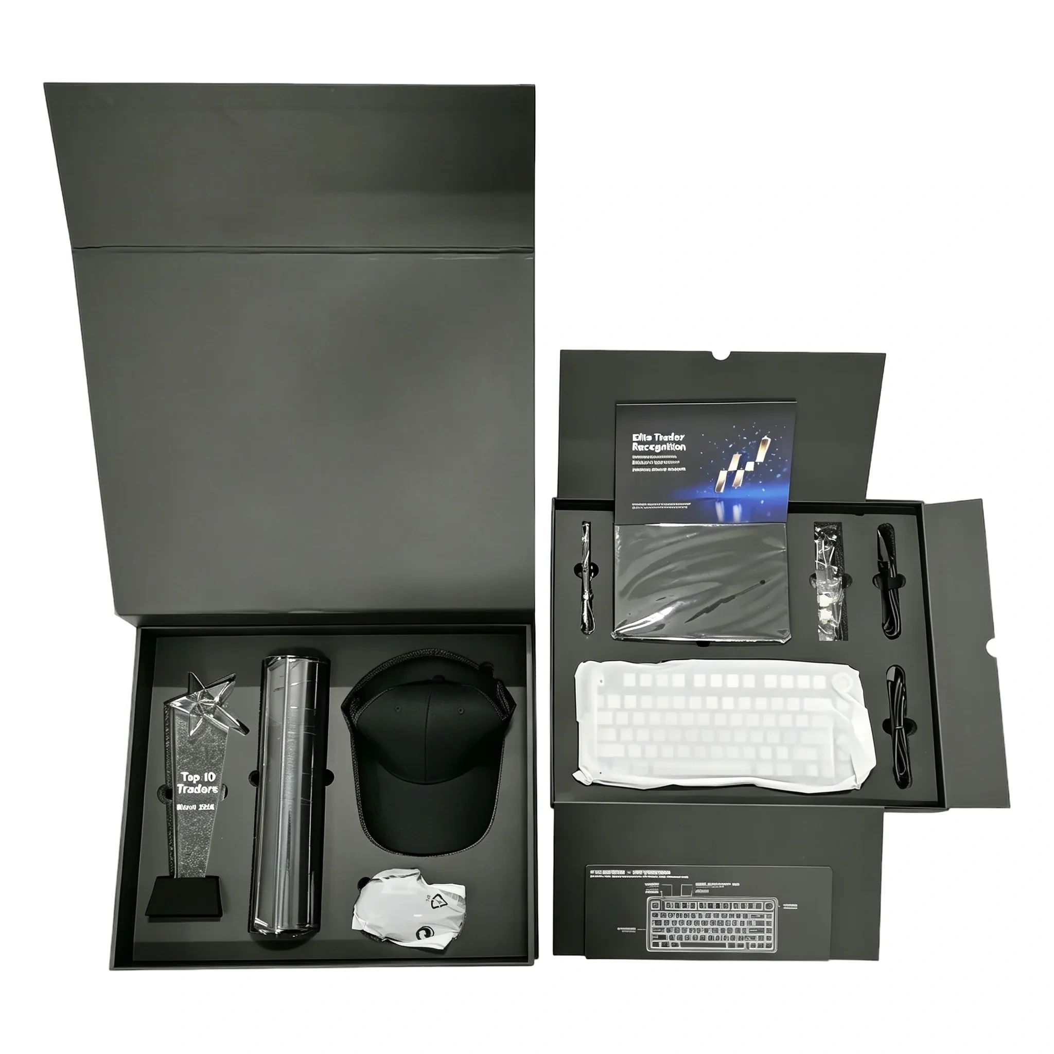 Premium recognition gift box with glass trophy, thermos, cap & keyboard. Wholesale personalized executive award kit with custom logo.