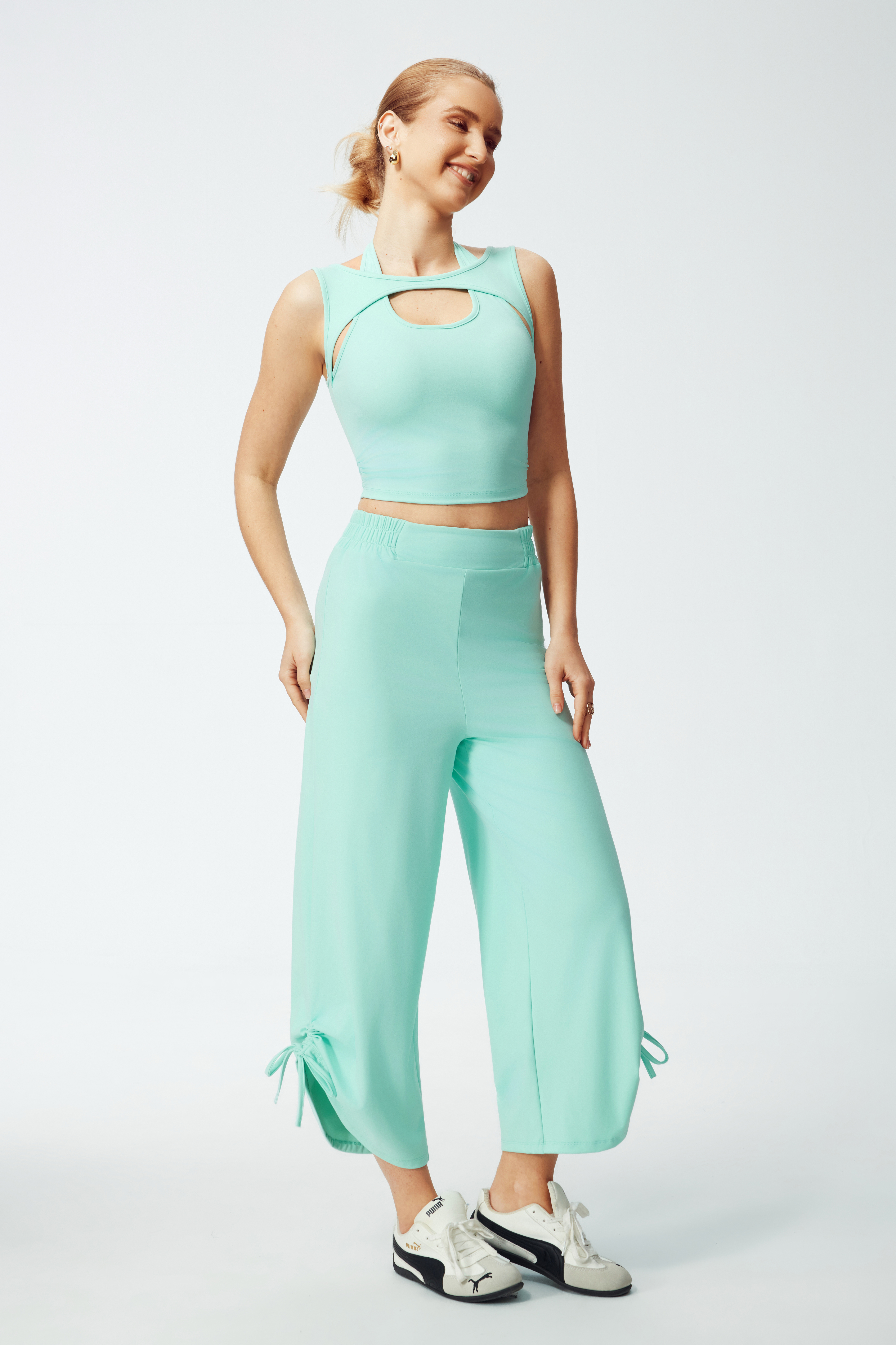 Halter Neck Ruched Tie-Hem Two-Piece Culotte Set | Mint Ice