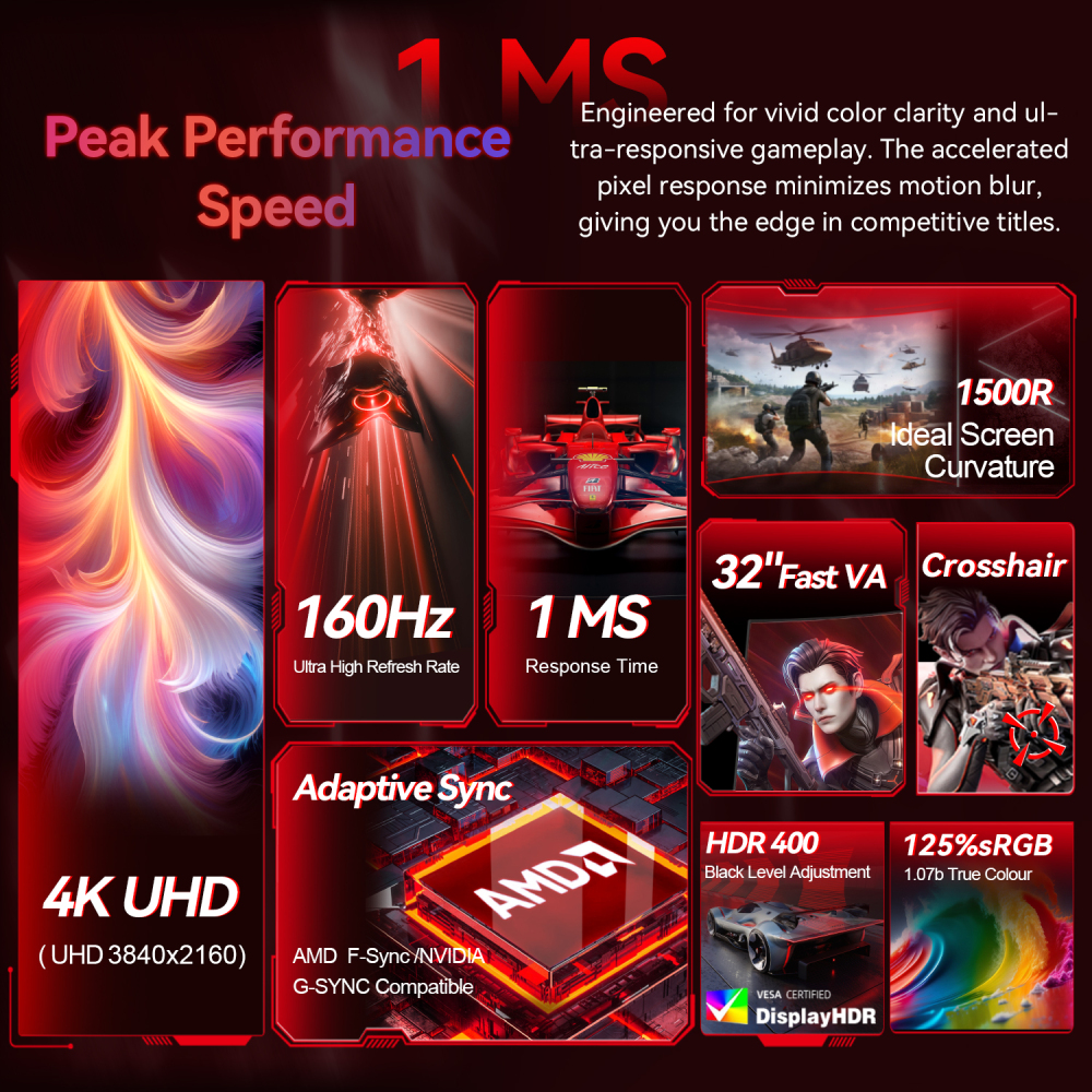 32 Inch 4K 160Hz Curved Gaming Monitor with AMD FreeSync Premium, 1500R, 95% DCI-P3, HDMI 2.1